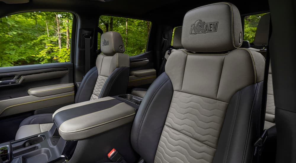 The grey interior of a 2023 Chevy Silverado ZR2 Bison is shown.
