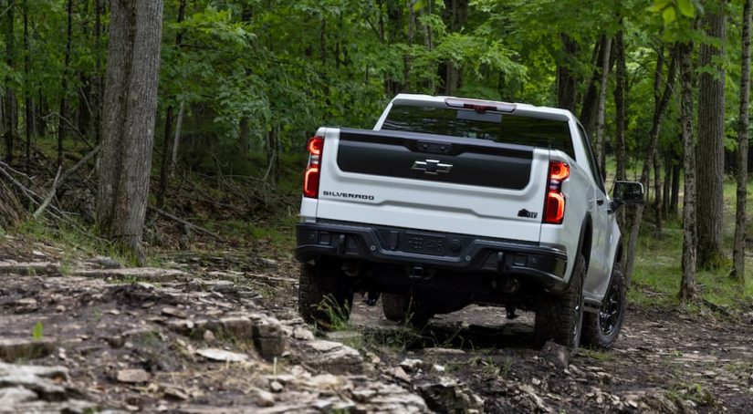 A white 2023 Chevy Silverado ZR2 Bison is shown from the rear at an angle.