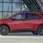 A red 2023 Chevy Equinox RS is shown from the side parked in front of a modern building.