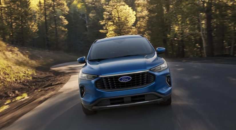 A blue 2023 Ford Escape is shown from the front driving on a winding road.