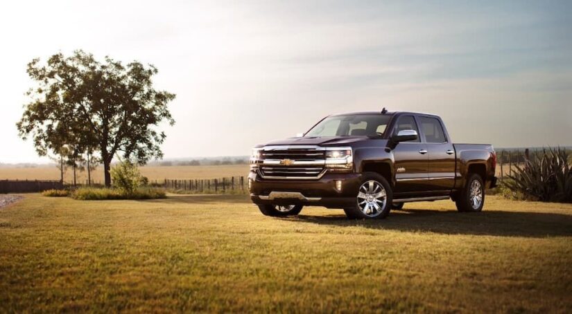 A 2018 used Chevy Silverado for sale is shown parked in a field near a lone tree.