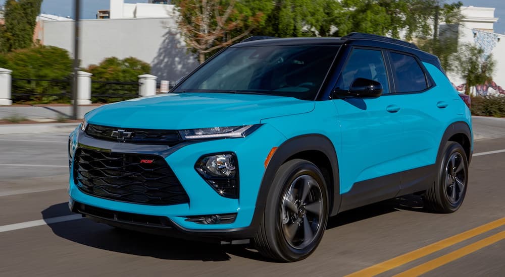 A blue 2022 Chevy Trailblazer RS is shown from the front at an angle.