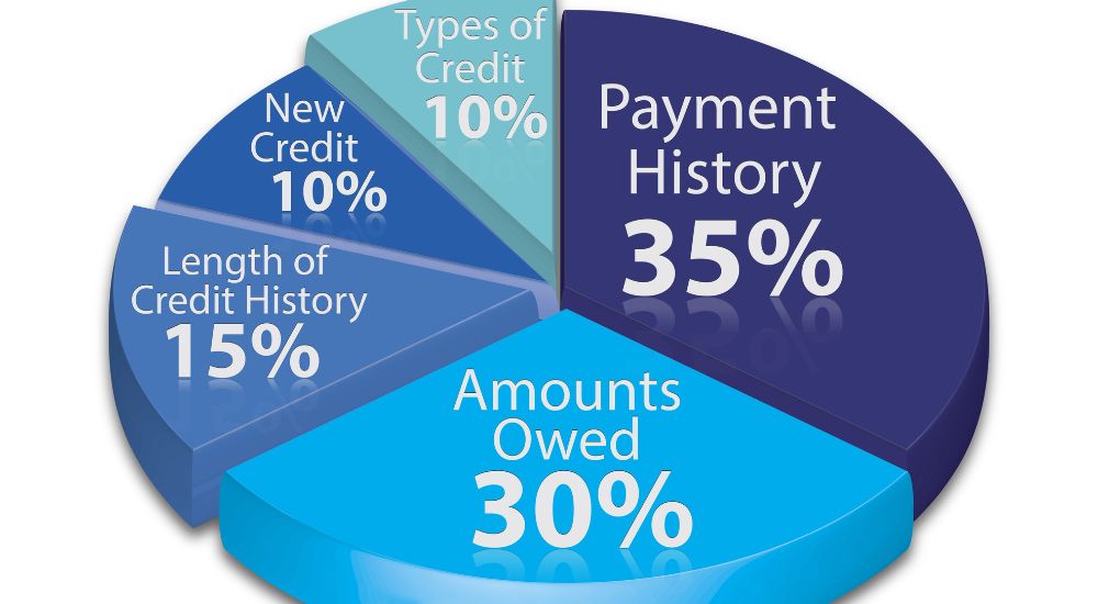 A pie chart shows the five different factors of a credit score.