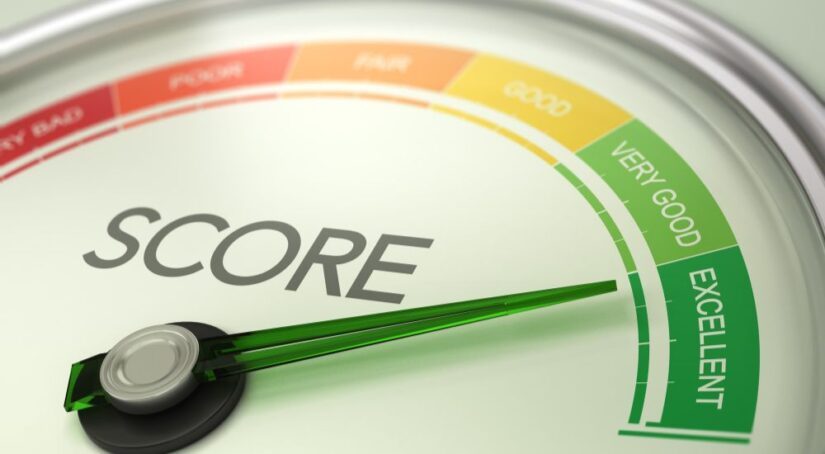 A gauge shows credit score ratings and the arrow is pointed at "excellent."