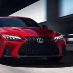 A red 2023 Lexus ISF is shown from the front at an angle after leaving a Lexus dealer.