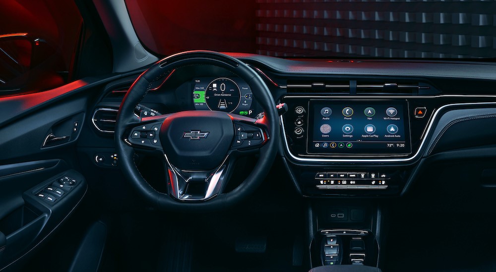The black interior and dash of a 2023 Chevy Bolt EUV Redline Edition is shown.