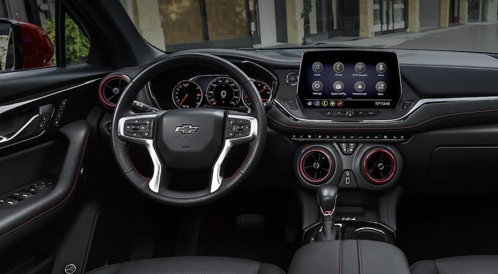 The black interior and dash of a 2023 Chevy Blazer is shown