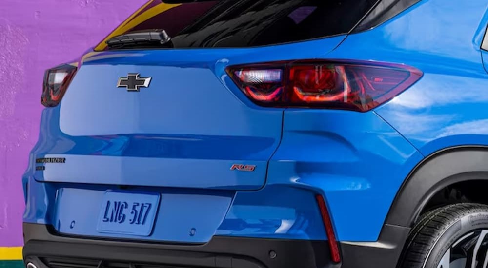 The rear of a blue 2024 Chevy Trailblazer RS is shown.