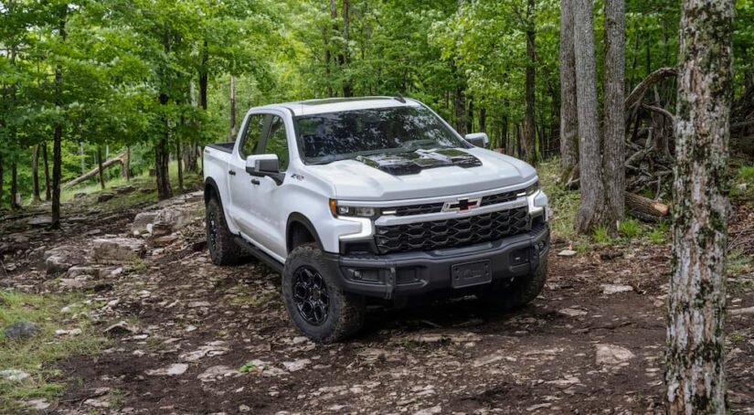 A white 2023 Chevy Silverado 1500 ZR2 Bison is shown from the front at an angle during a 2023 Chevy Silverado 1500 vs 2023 Ram 1500 comparison.