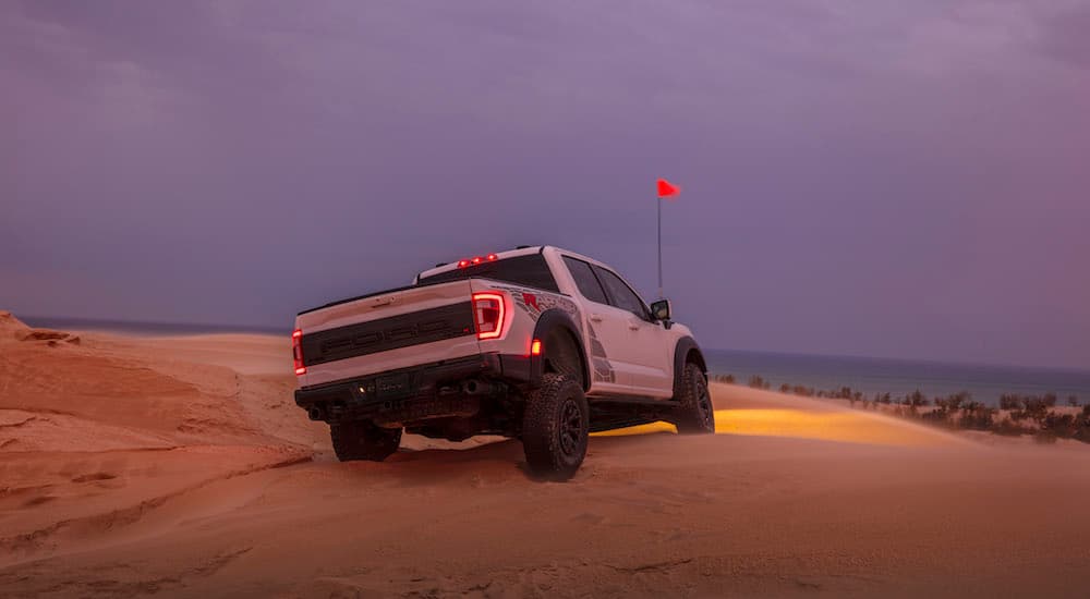 A white 2023 Ford F-150 Raptor R is shown from the rear at an angle.