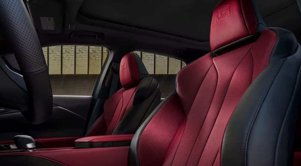 The red and black interior of a 2023 Lexus RX 350 is shown.