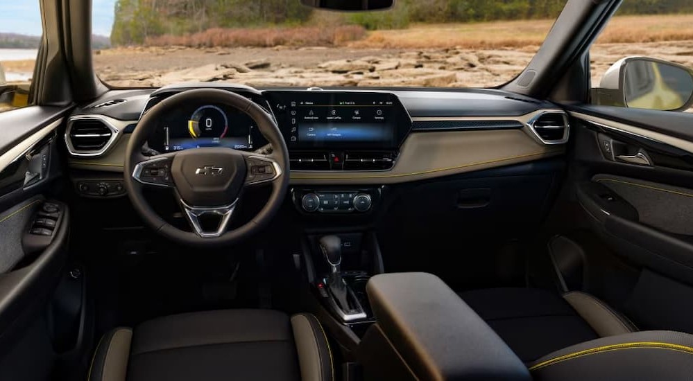 The black interior and dash of a 2024 Chevy Trailblazer is shown.