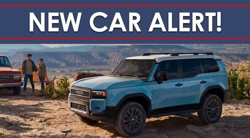 A blue 2024 Toyota Landcruiser is shown from the front at an angle under a 'New Car Alert' banner.
