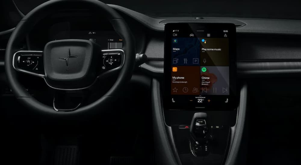 The black interior and dash of a 2020 Polestar 2 is shown.