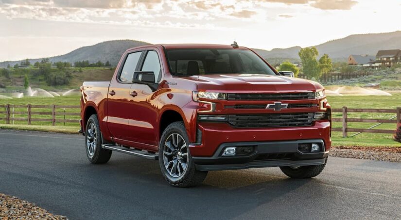 An affordable option for Chevy trucks for sale, a red 2021 Chevy Silverado, is shown driving near a farm.
