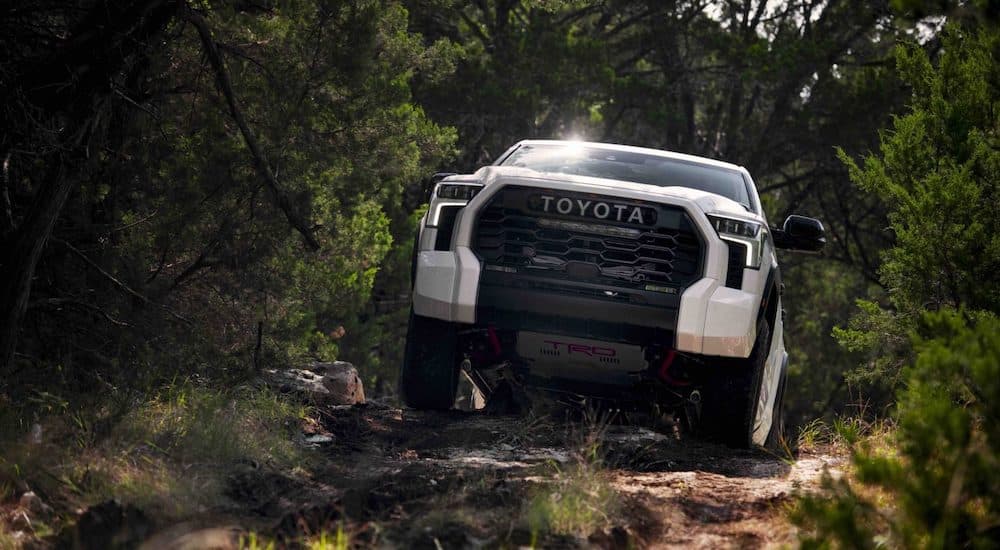 A white 2023 Toyota Tundra TRD Pro is shown driving up a forest hill.