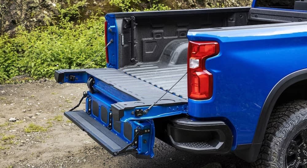 The tailgate of a 2024 Chevy Silverado 1500 ZR2 is shown on a Chevy Silverado for sale.