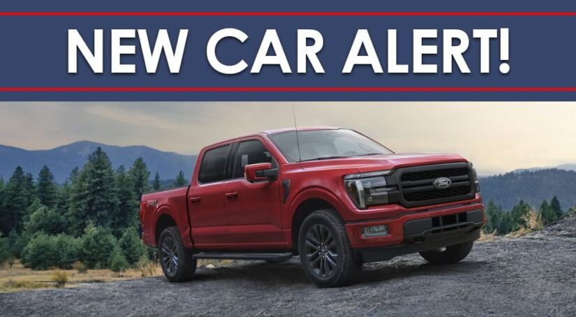 A red 2024 Ford F-150 Lariat is shown under a new car alert banner.
