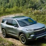 After comparing the 2024 Chevy Traverse vs 2023 Chevy Traverse, a silver 2024 Chevy Traverse Z71, is shown driving off-road.