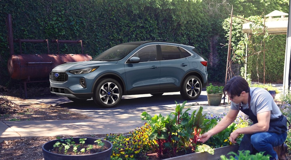 A man is shown tending a garden with a blue 2023 Ford Escape Platinum parked nearby.