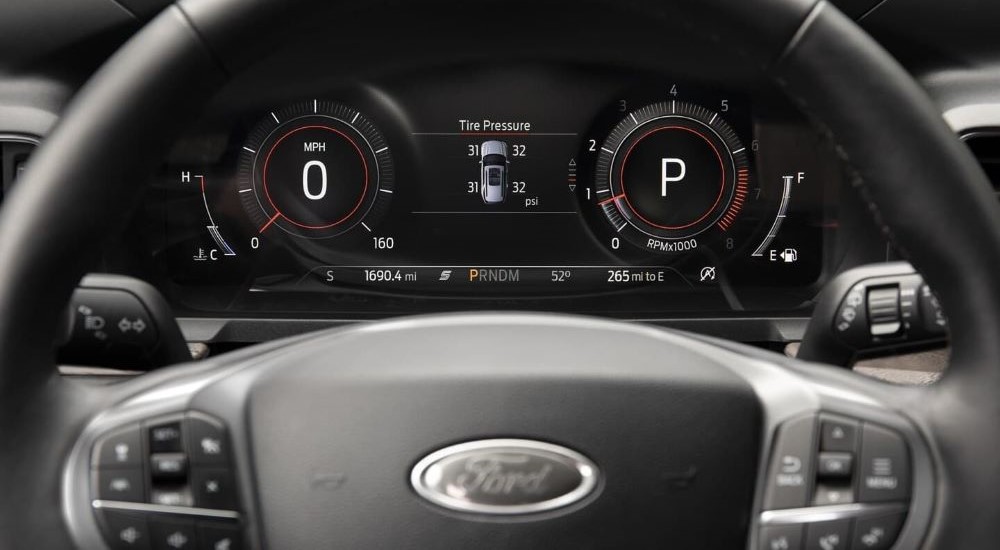 A close up shows the tire pressure on the gauge in a 2023 Ford Explorer.
