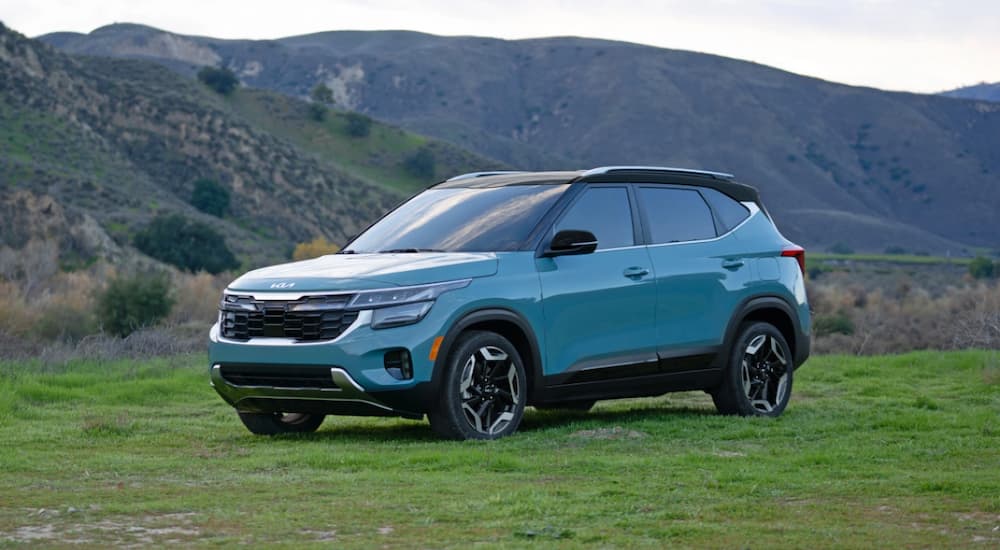 A blue 2024 Kia Seltos is shown parked off-road on some grass.