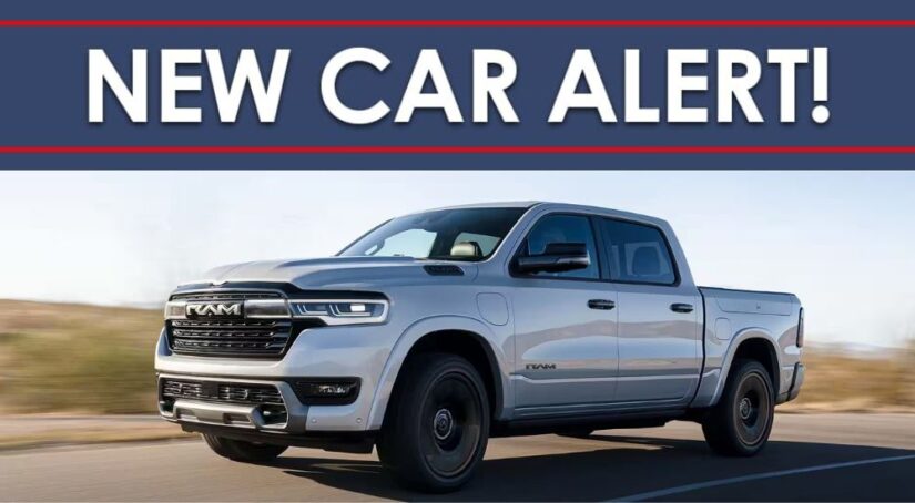 A New Car Alert banner is shown above a silver 2025 Ram 1500 Ramcharger.