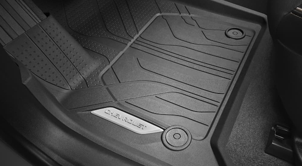 A Black Chevy all-weather floor liner is shown.