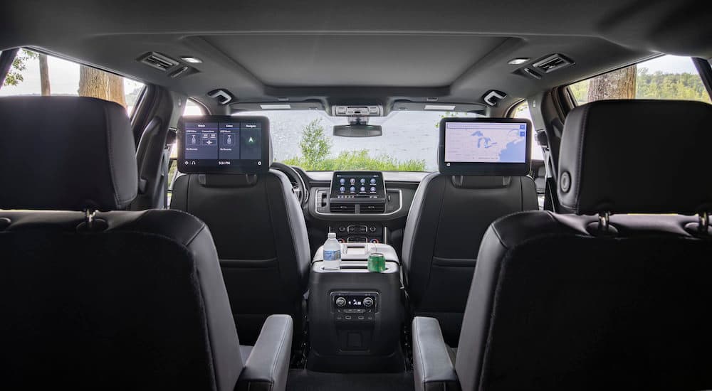 The gray interior and dash of a 2022 Chevy Suburban is shown. 
