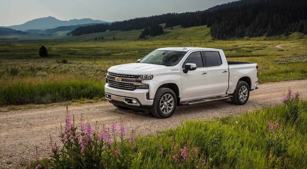 A white 2019 Chevy Silverado 1500 High Country is shown driving.