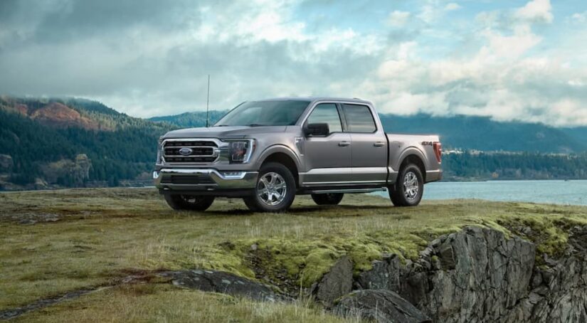 A popular used Ford for sale, a gray 2021 Ford F-150, is shown parked near a cliff.