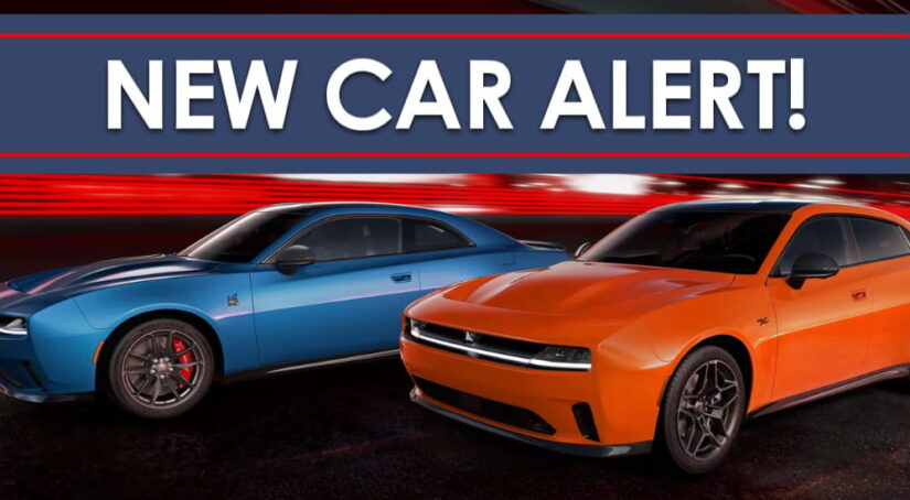 A blue and an orange 2024 Dodge Charger Daytona EV are shown below a New Car Alert banner.