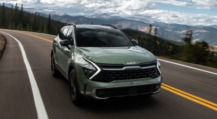 A green 2024 Kia Sportage is shown from the front at an angle.