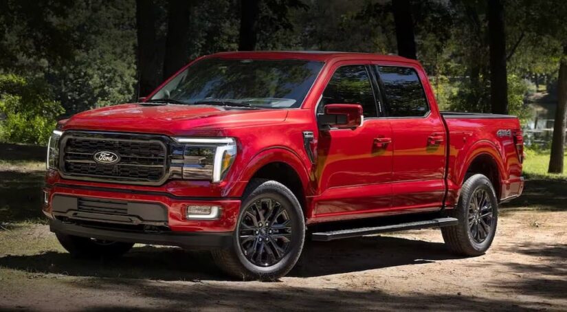 A red 2024 Ford F-150 XLT parked and angled left.