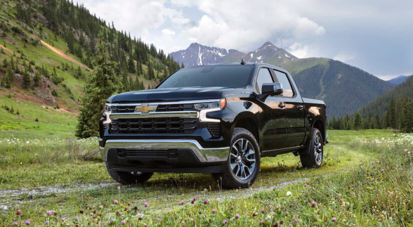 A black 2024 Chevy Silverado 1500 LT is shown from the front at an angle.