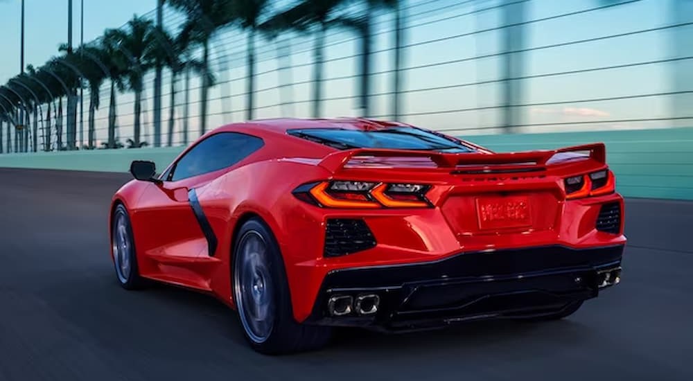 A red 2025 Chevy Corvette Stingray 3LT is shown driving on a racetrack.