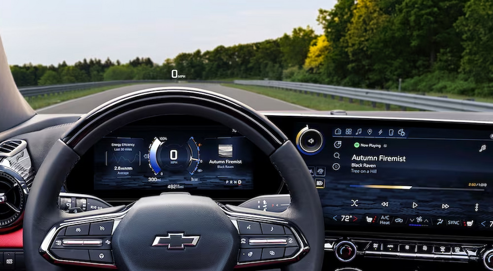 The digital dash and head up display inside a 2024 Chevy Blazer EV SS at a Chevy dealer.