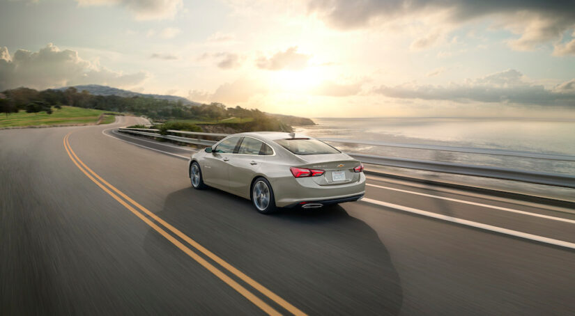 A tan 2025 Chevy Malibu is shown from the rear at an angle.