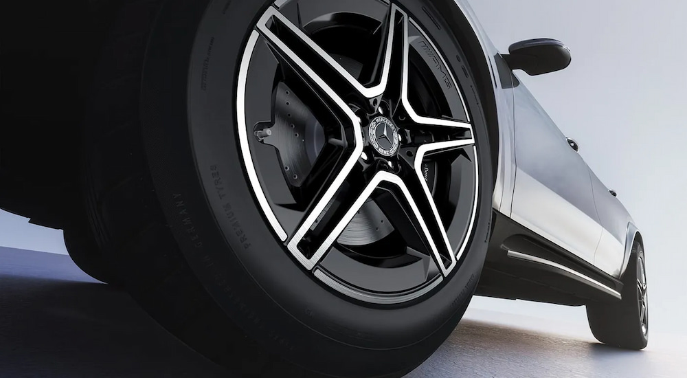 Close-up of the front wheel of a silver 2025 Mercedes-Benz GLE 350 4MATIC Premium.