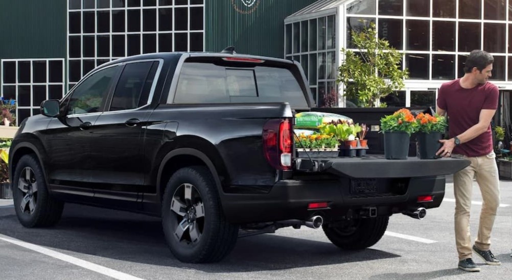 A black 2025 Honda Ridgeline is shown parked near a greenery.