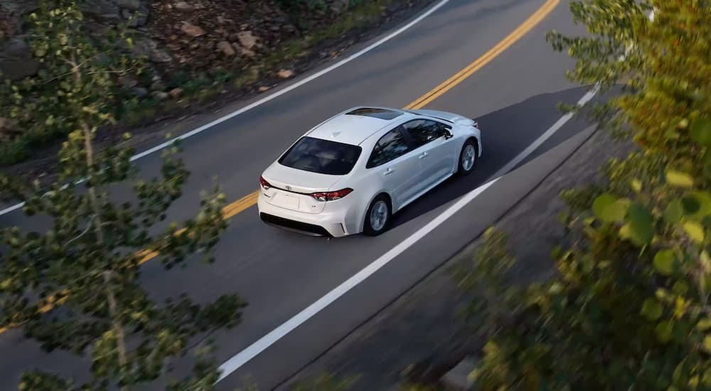 A white 2023 Toyota Corolla is shown from the rear at a high angle.