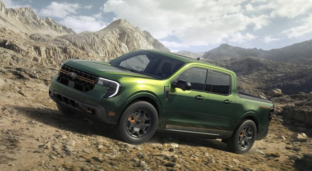 A green 2025 Ford Maverick Tremor is shown driving off-road.