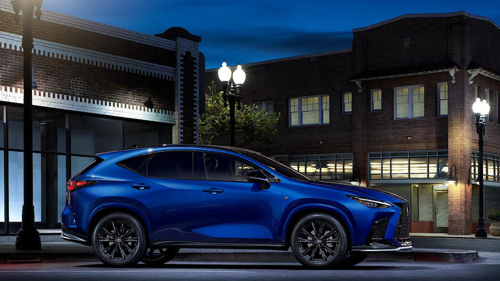 A blue 2025 Lexus NX 350 F Sport Hybrid is shown parked after viewing a Lexus NX for sale.