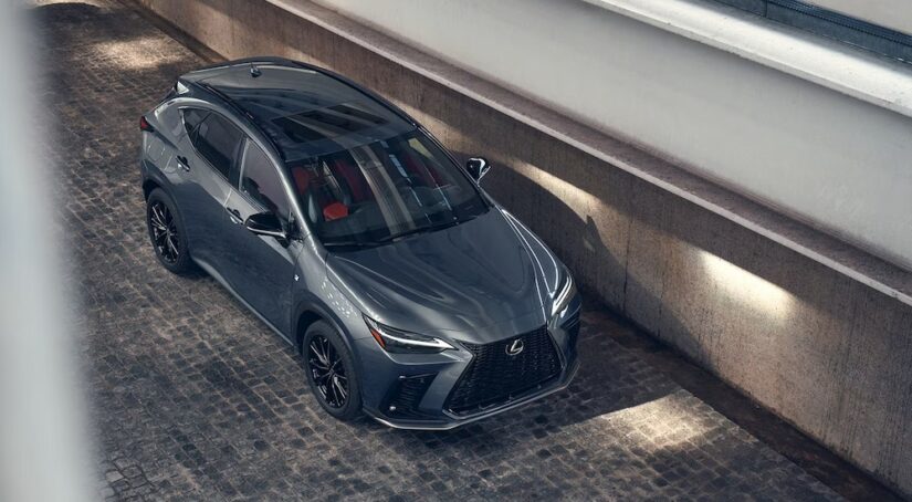 A gray 2025 Lexus NX 450 F Sport Hybrid is shown parked on a stone road.