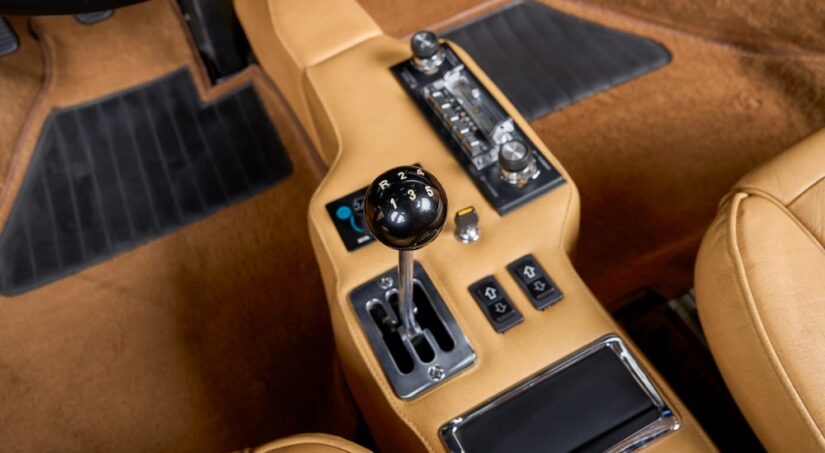 A floor shifter is shown in a vehicle.