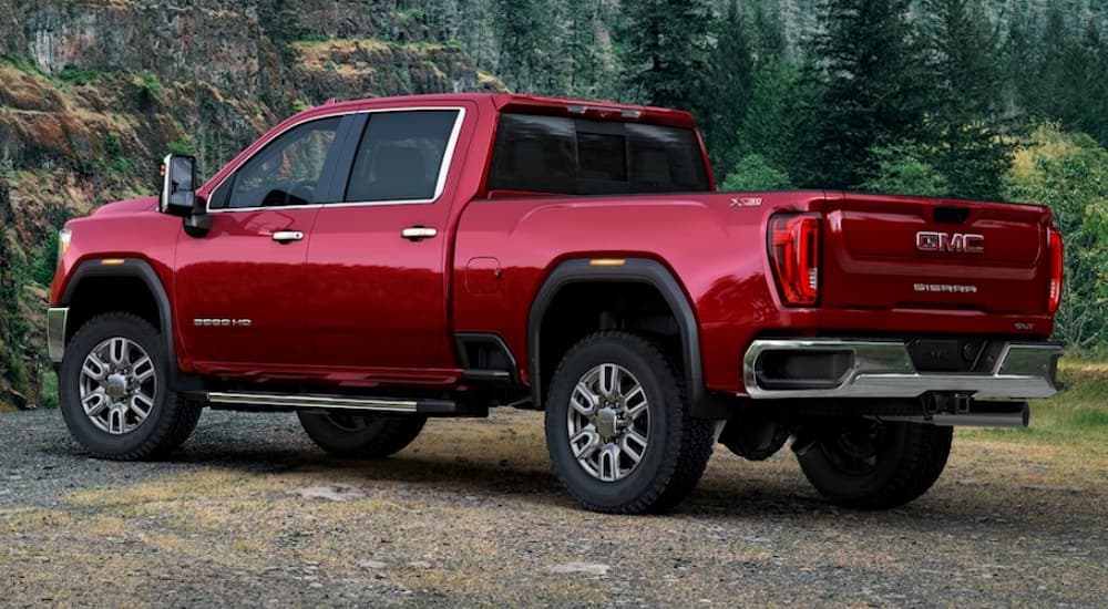 A red 2020 GMC Sierra 3500 is shown from the side.