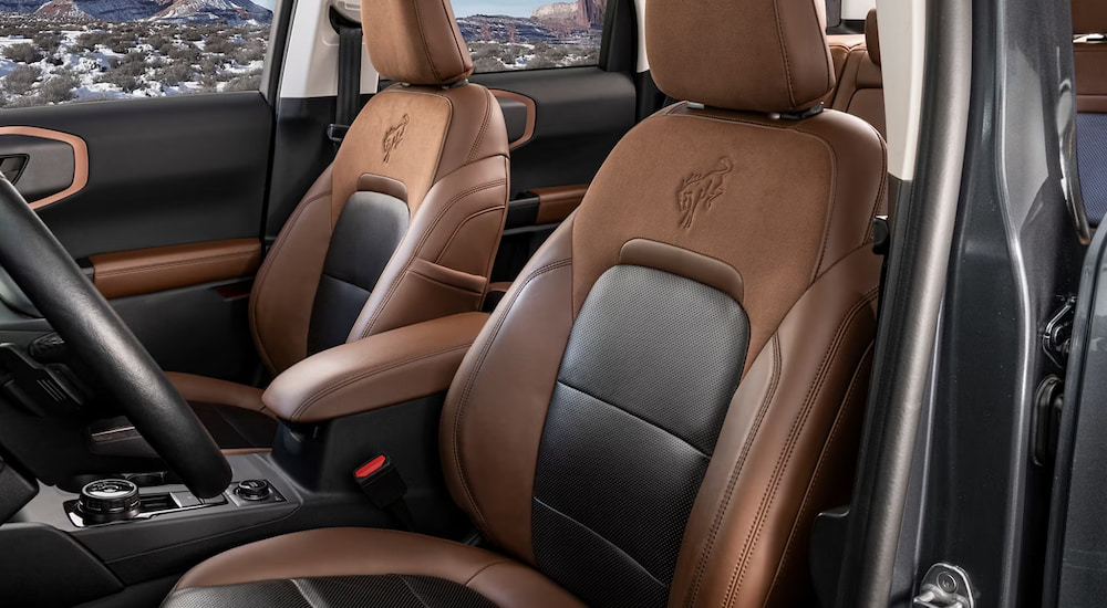 Brown and black leather seats in a 2023 Ford Bronco Sport Badlands.