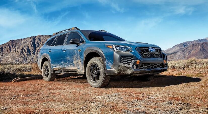 A blue 2025 Subaru Outback Wilderness is shown parked off-road.