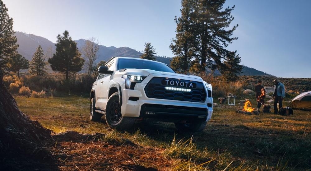 A white 2025 Toyota Sequoia TRD Pro is shown from the front at an angle.