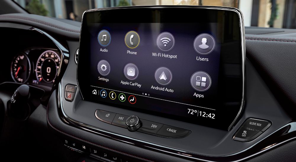 Close-up of the infotainment screen in a 2025 Chevy Blazer at a Chevy dealer.